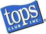 Logo of "tops club inc." in white text on a skewed blue rectangle with a white border.