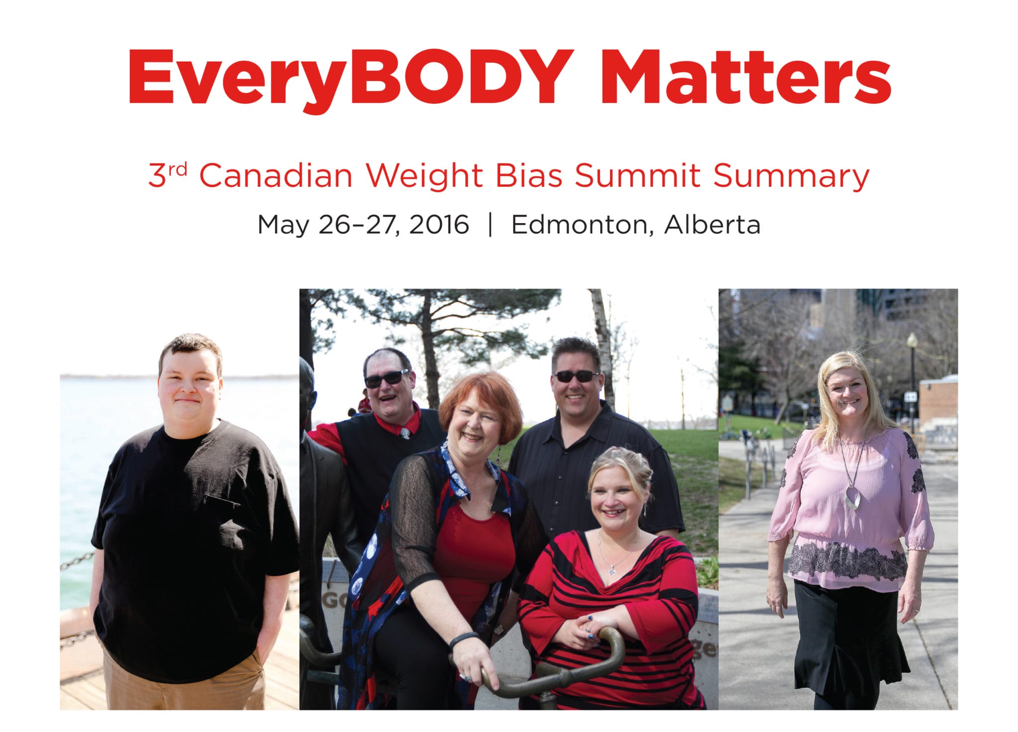 Promotional poster for the 3rd canadian weight bias summit, featuring the text "everybody matters" and portraits of five smiling adults, held in edmonton, alberta on may 26-27, 2016.