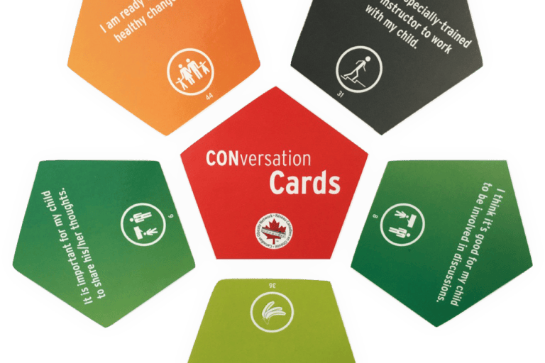 Hexagonal conversation cards in various colors with different symbols and text prompts for social interaction.