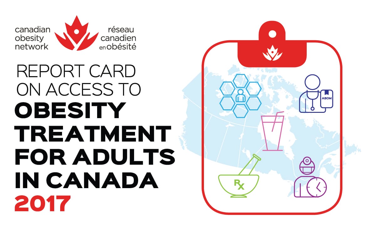 Cover page of the "2017 report on access to obesity treatment for adults in canada" featuring graphics of a clipboard, a map, and healthcare symbols.
