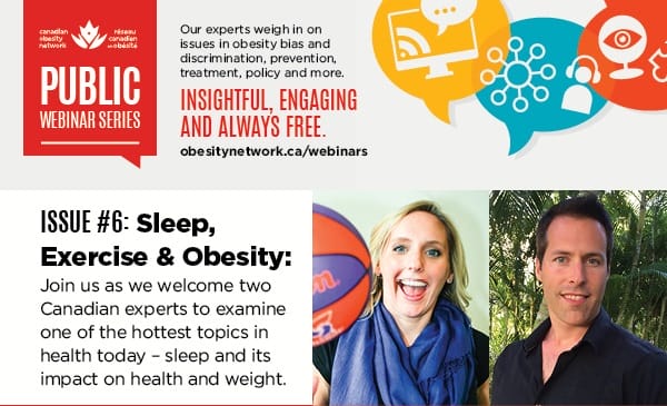 Promotional banner for a webinar on sleep, exercise, and obesity featuring photos of speakers, informative text, and various communication icons.