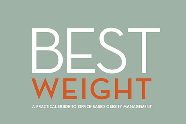 Book cover titled "best weight," subtitled "a practical guide to office-based obesity management," with large white text on a gray background.