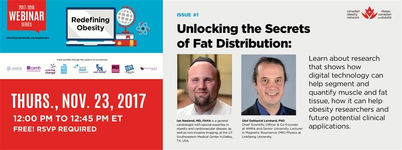 Promotional banner for a 2017 webinar titled "redefining obesity" with details of time and guest speakers, alongside logos of supporting organizations.