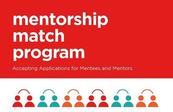 Promotional graphic for a mentorship match program, featuring text "accepting applications for mentees and mentors" above rows of stylized people icons.