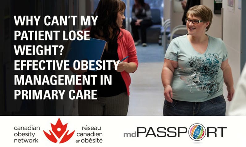 Two women walking and conversing in a hallway with text about effective obesity management in primary care and logos for canadian obesity networks.