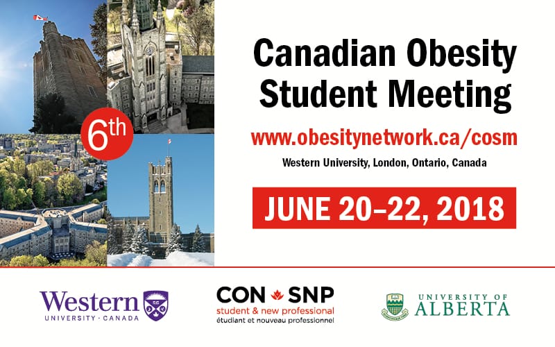 Promotional banner for the 6th canadian obesity student meeting at western university, london, ontario, with date and logos of supporting organizations.