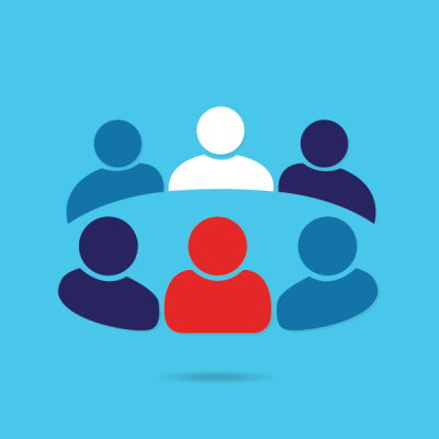 Graphic icon representing a team meeting with five stylized people, one highlighted in red, on a blue background.