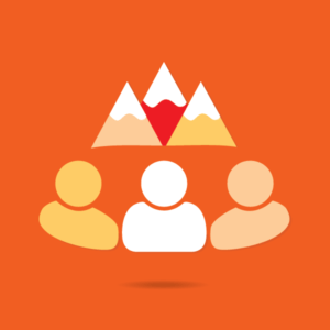 Graphic icon of three abstract people figures with a stylized mountain range above them, set against a solid orange background.