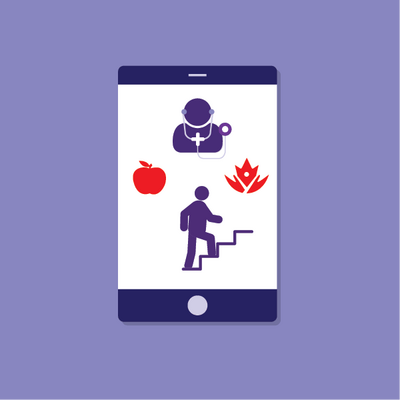 Mobile phone screen displaying icons: a doctor, an apple, a flame, and a person climbing stairs, symbolizing health and fitness themes.
