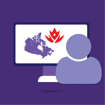 Person sitting at a computer displaying a map of canada with a red maple leaf logo on the screen.