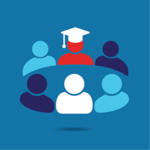 Icon depicting a group of five stylized people with one in a graduation cap, centered against a blue background.