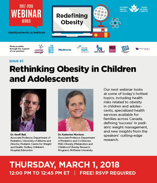 Promotional poster for a webinar titled "rethinking obesity in children and adolescents" with details on speakers, date, and registration info.