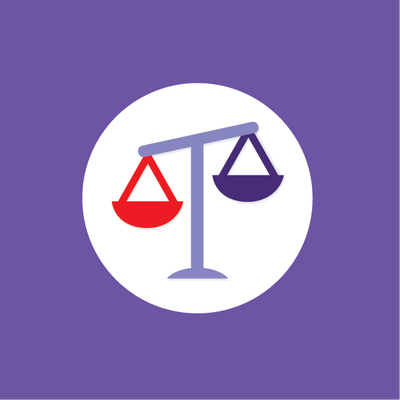 A simple graphic of a balanced scale with red and blue pans on a purple background.