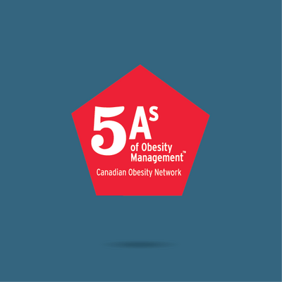 Logo du réseau canadien de l'obésité comportant le texte « 5a de la gestion de l'obésité » à l'intérieur d'un pentagone rouge sur fond bleu.