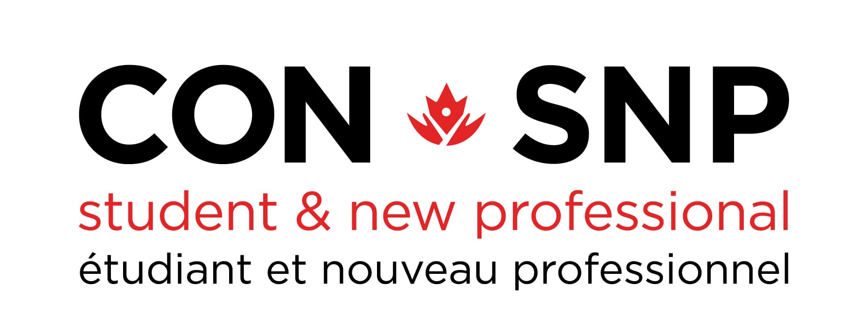 Logo of con snp, including text "student & new professional" in english and french, with a red maple leaf above the letter 'o'.