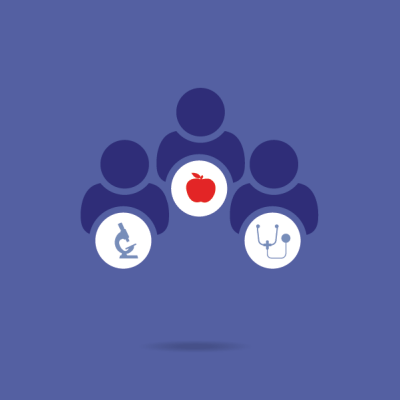 Graphic of four icons in a group, symbolizing collaboration between healthcare, technology, and education, with a red apple at the center.