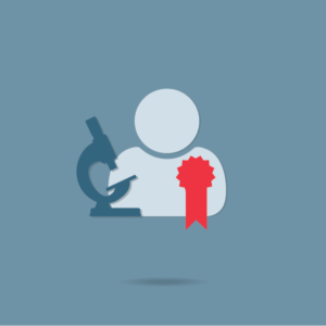 Icône représentant une personne avec un microscope et un ruban, symbolisant la réussite scientifique.