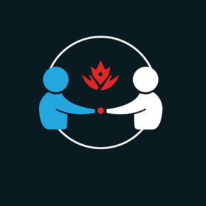 Two stylized figures shaking hands inside a circle, with a red flower motif between them, set against a dark background.