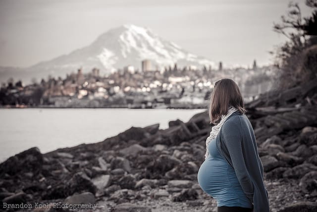 A pregnant woman standing by a lake, looking towards a distant city with a snow-capped mountain in the background.