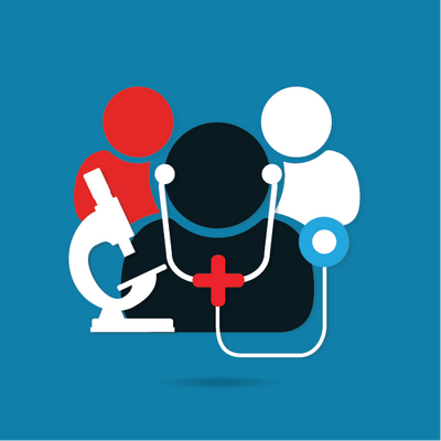 Graphic icon of a black doctor wearing a stethoscope with a microscope and two abstract patient figures in red and white on a blue background.