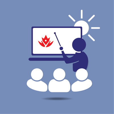 A graphic of a presenter using a pointer to explain a fire safety icon on a screen to an audience of three people.