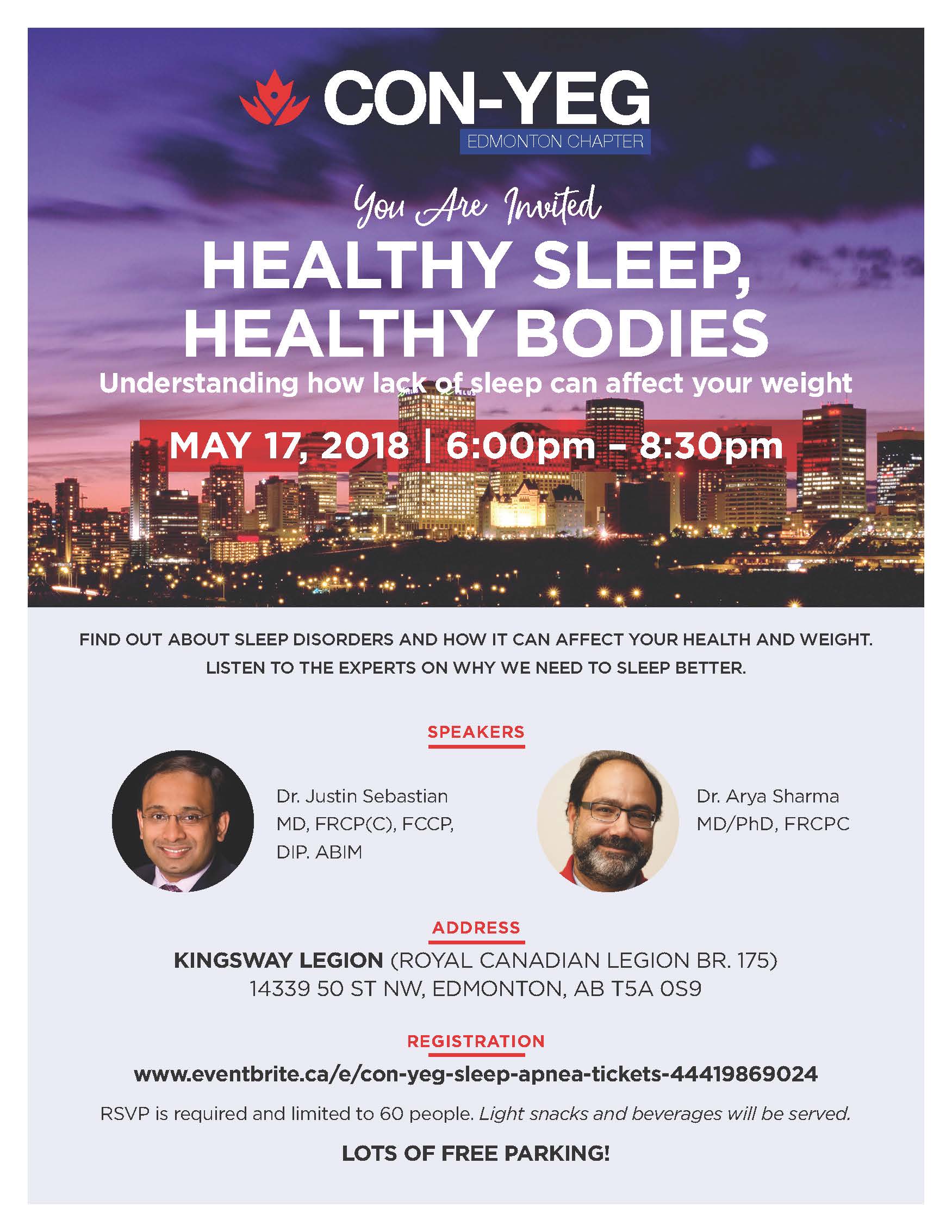 Promotional flyer for a "healthy bodies, healthy sleep" event on may 17, 2018, featuring speakers dr. justin spears and dr. aya sharma, with registration details and free parking mention.
