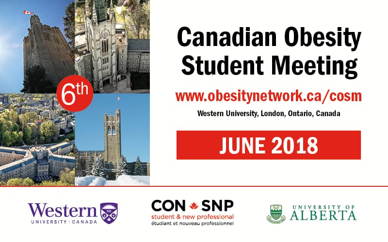 Promotional banner for the 6th canadian obesity student meeting in june 2018 at western university, london, ontario, featuring university images and logos.