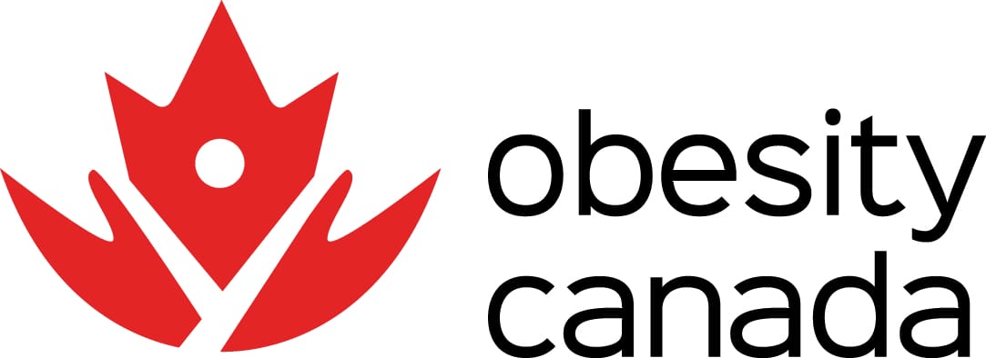Logo of obesity canada featuring a stylized red maple leaf with a white human figure in the center, accompanied by the text "obesity canada" in black lowercase letters.