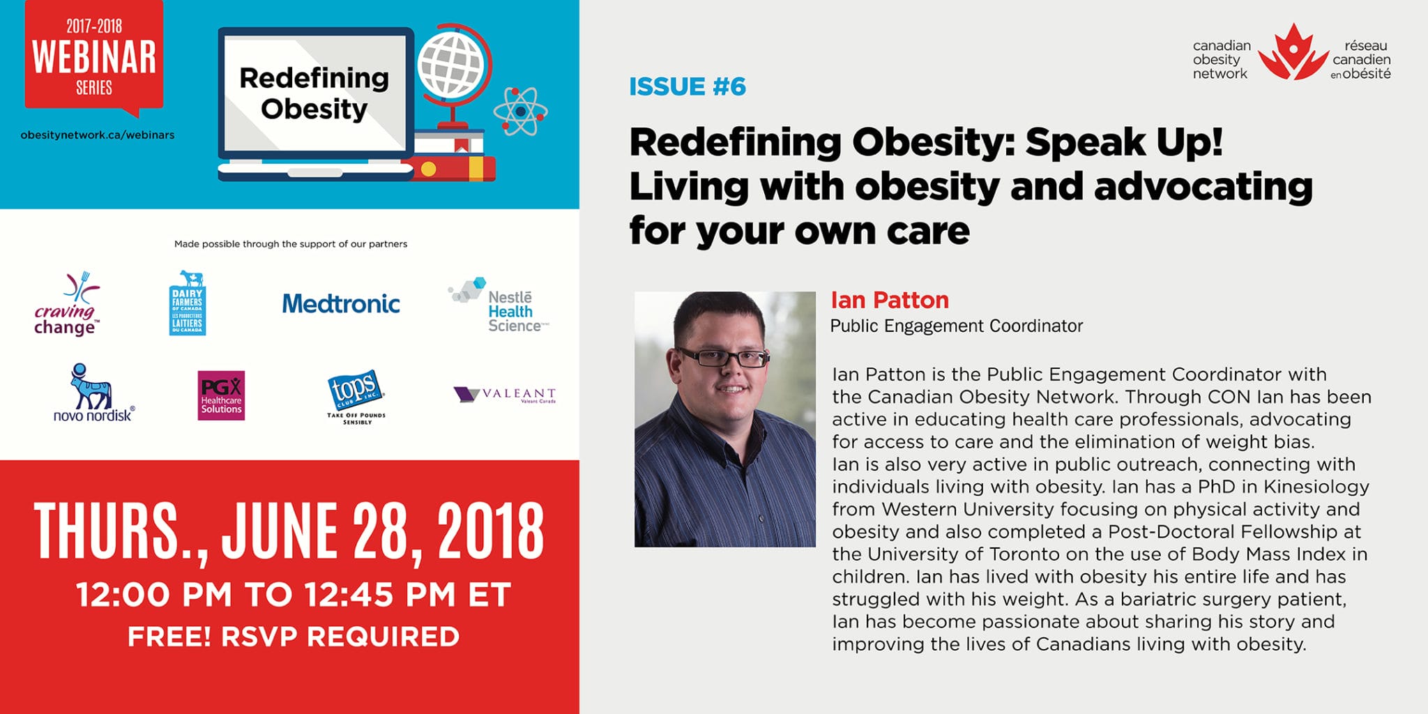 Webinar poster for "redefining obesity and advocating for change," featuring details about speaker ian patton and event information scheduled for june 28, 2018.