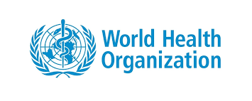 Logo of the world health organization featuring a stylized globe with a snake-entwined rod, in blue, accompanied by the text "world health organization.