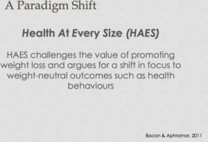 Slide titled "a paradigm shift" explaining health at every size (haes), which challenges traditional weight loss promotion in favor of health behaviors, cited bacon & aphramor, 2011.