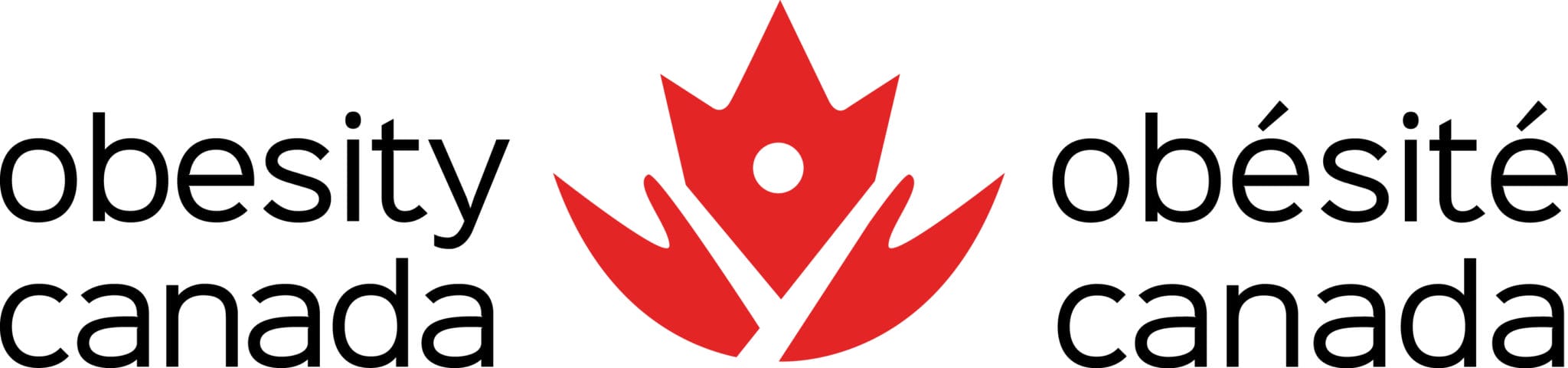 Logo of obesity canada featuring a stylized red maple leaf between the english "obesity" and french "obésité," both followed by "canada" in black text.