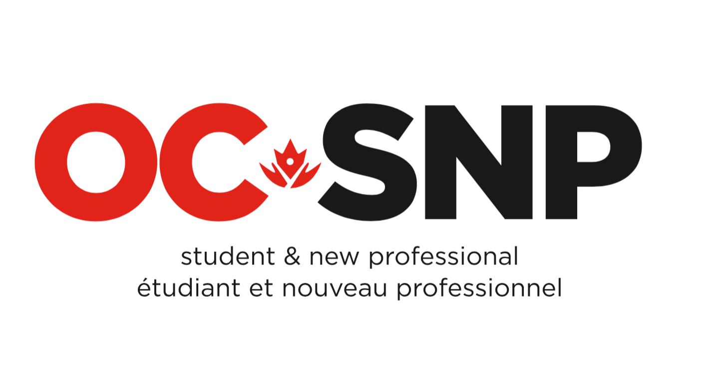 Logo of oc snp with a red maple leaf in 'c,' text "student & new professional" below in english and french.