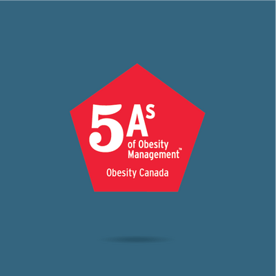 Logo of "5a's of obesity management" by obesity canada, featuring a red pentagon with white text on a grey background.