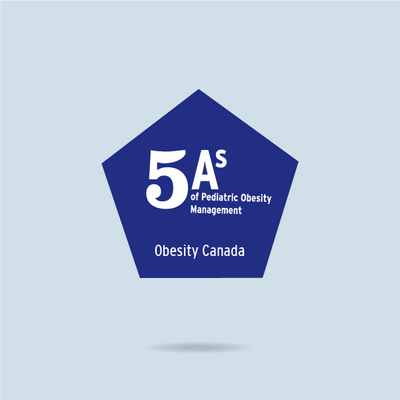 Logo of "5as of pediatric obesity management" by obesity canada, featuring a blue pentagon with white text.