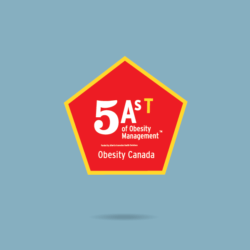 Red hexagonal logo with "5as of obesity management, obesity canada" text, displayed against a plain blue background.