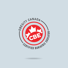 Logo d'obésité canada comportant une feuille d'érable rouge avec le texte « éducateur bariatrique certifié » et « cbe » dans un dessin circulaire gris et rouge.