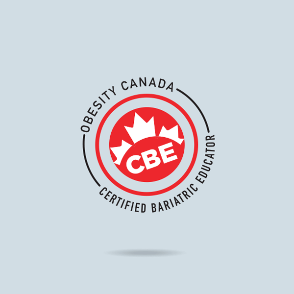 Logo of obesity canada featuring a red maple leaf with "cbe certified bariatric educator" encircled by a red and grey ring.