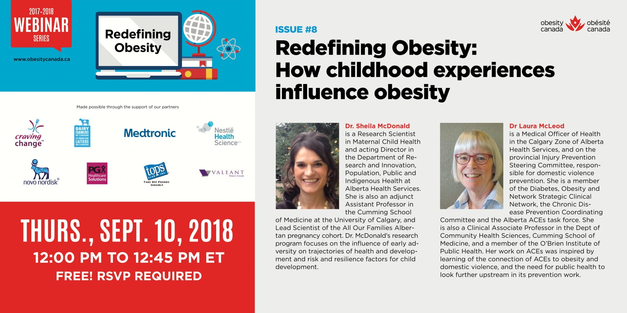 Webinar flyer titled "redefining obesity," featuring a date, time, three guest speakers with photos and titles, and topics on the influence of childhood experiences on obesity.