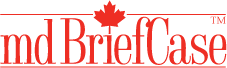 Logo of mdbriefcase featuring stylized text with a red maple leaf above the 'm' in 'md', indicating a canadian association.