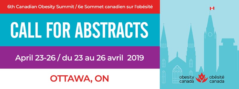 Banner for the 6th canadian obesity summit in ottawa, calling for abstracts, with dates april 23-26, 2019, and featuring a silhouette of the ottawa skyline.