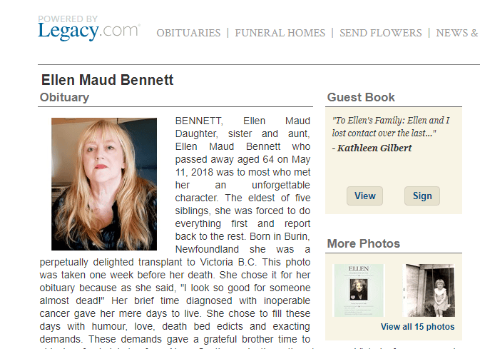 Obituary page for ellen maud bennett featuring her portrait, guest book, and links for sending flowers.