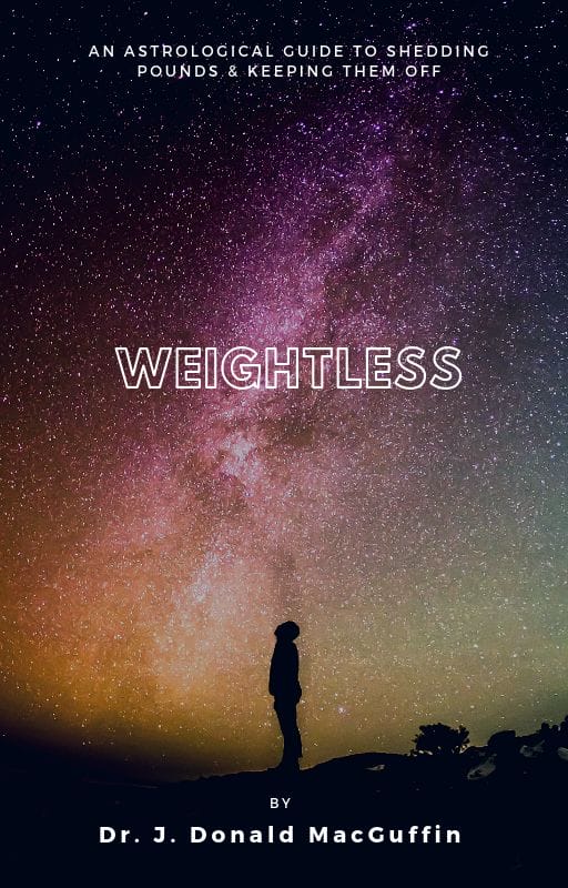 Book cover titled 'weightless' by dr. j. donald macguffin featuring a silhouette of a person under a star-filled sky.