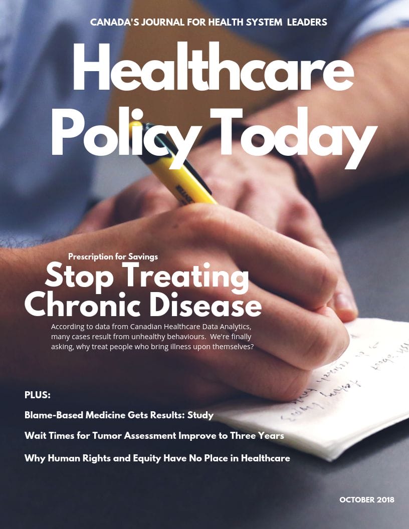 Cover of "healthcare policy today" magazine featuring a headline about chronic diseases and a photo of a person's hands holding a pen and notepad.