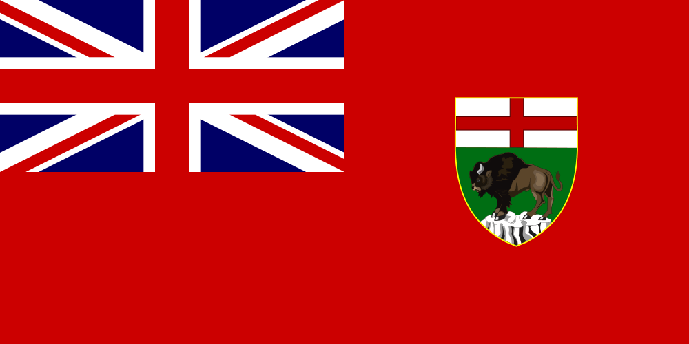 Flag of manitoba, canada, featuring a red field, the union jack in the upper corner, and a green shield with a bison and a white and green cross.
