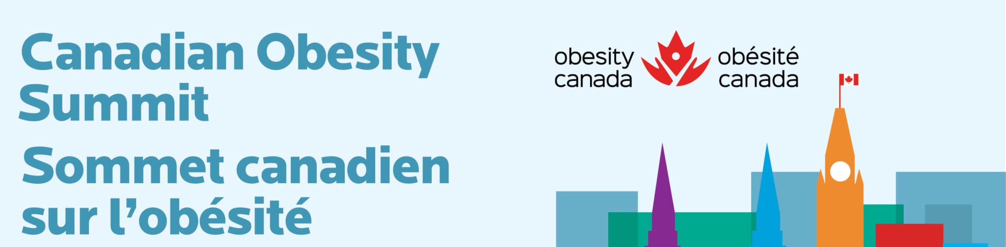 Promotional banner for the canadian obesity summit, featuring the event name in english and french with obesity canada's logo and colorful abstract skyline graphics.