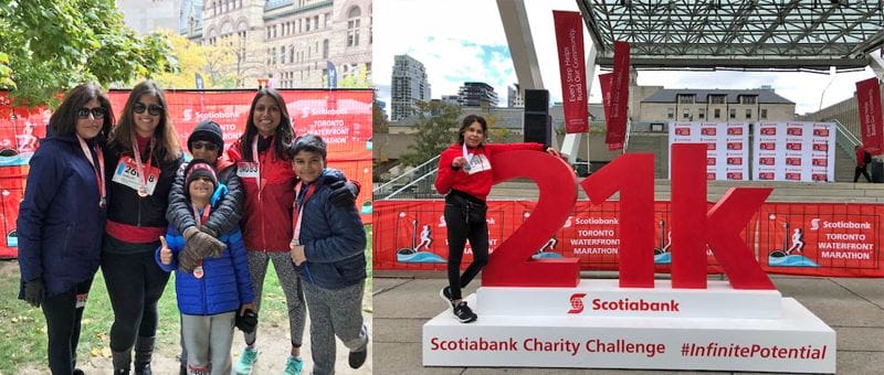 A group of people smiles in front of a "scotiabank charity challenge" banner at the toronto marathon, near a large "24k" sign.
