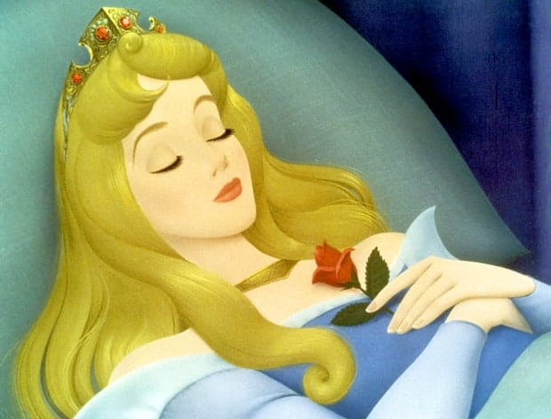 Illustration of sleeping beauty, a fair-skinned princess with golden hair and a blue dress, lying down with eyes closed, holding a red rose.