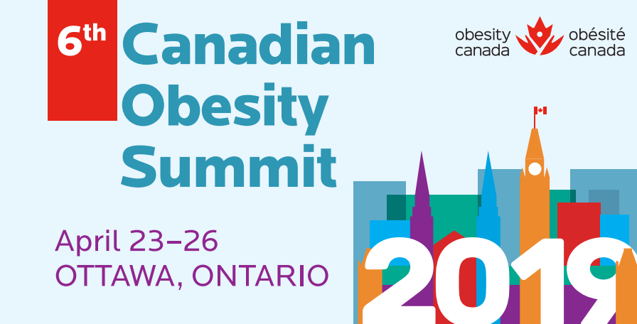 Promotional graphic for the 6th canadian obesity summit in ottawa, ontario, from april 23-26, 2019, featuring colorful skyline illustrations.