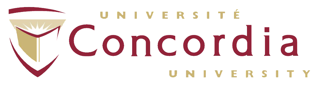 Logo of concordia university featuring a stylized open book in a shield, with "université concordia university" text in burgundy and gold.
